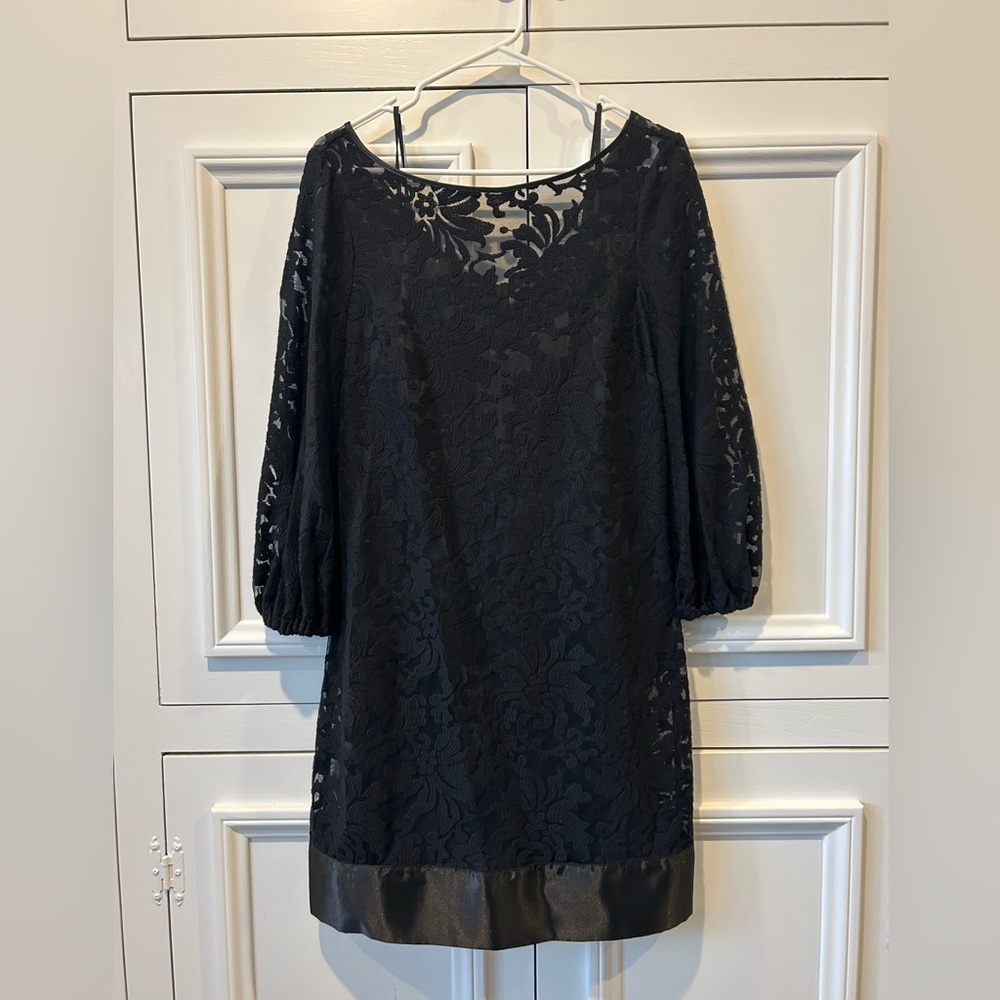 Black lacey tunic style evening dress, size 6.